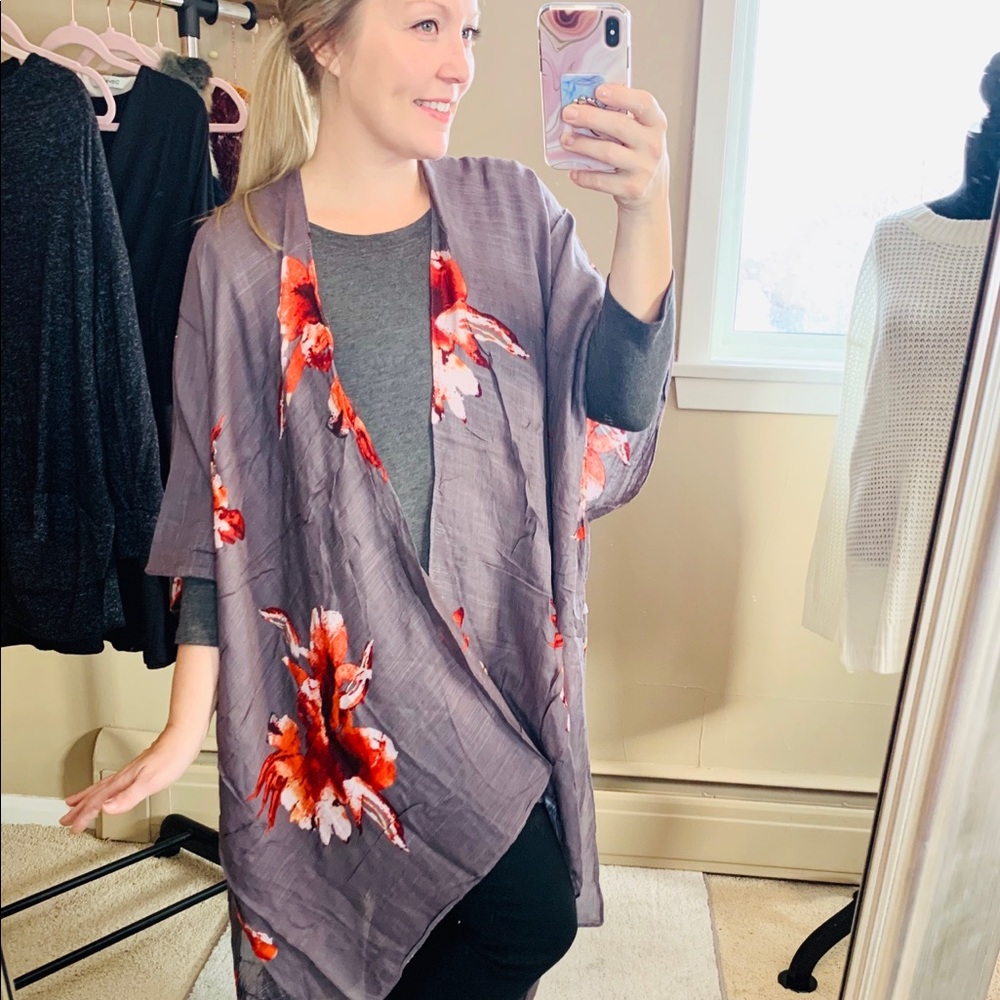 Kimono Floral Swimsuit Cover Up Beach Gray Scarf - Picture 2 of 7